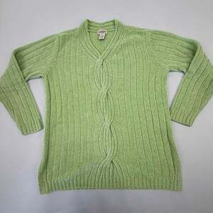 Classic Elements Women's Size Small Green Ribbed Chenille V-Neck Cable Knit Swea